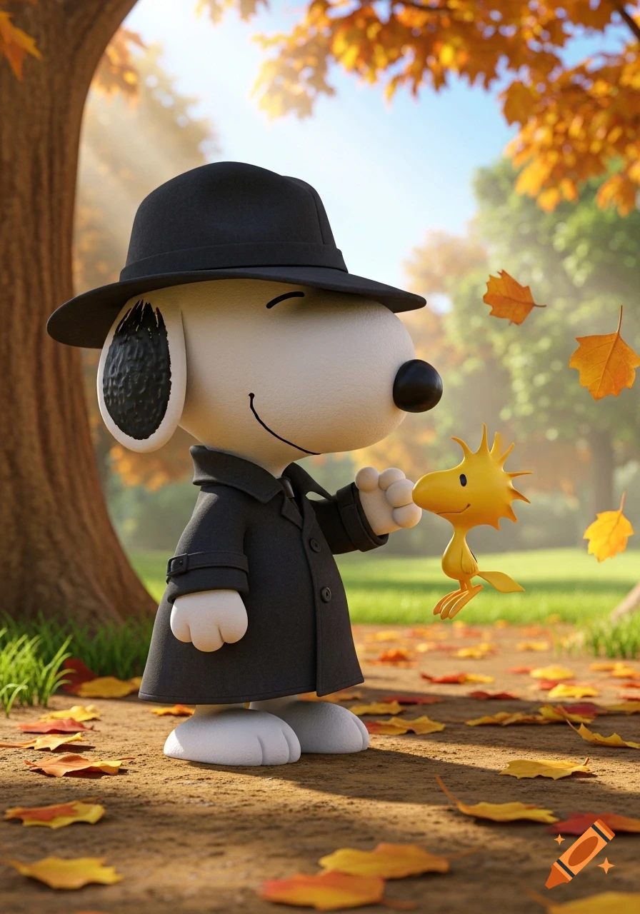 3D animated Snoopy in a black trench coat and fedora, examining Woodstock in an autumn park with falling leaves.
