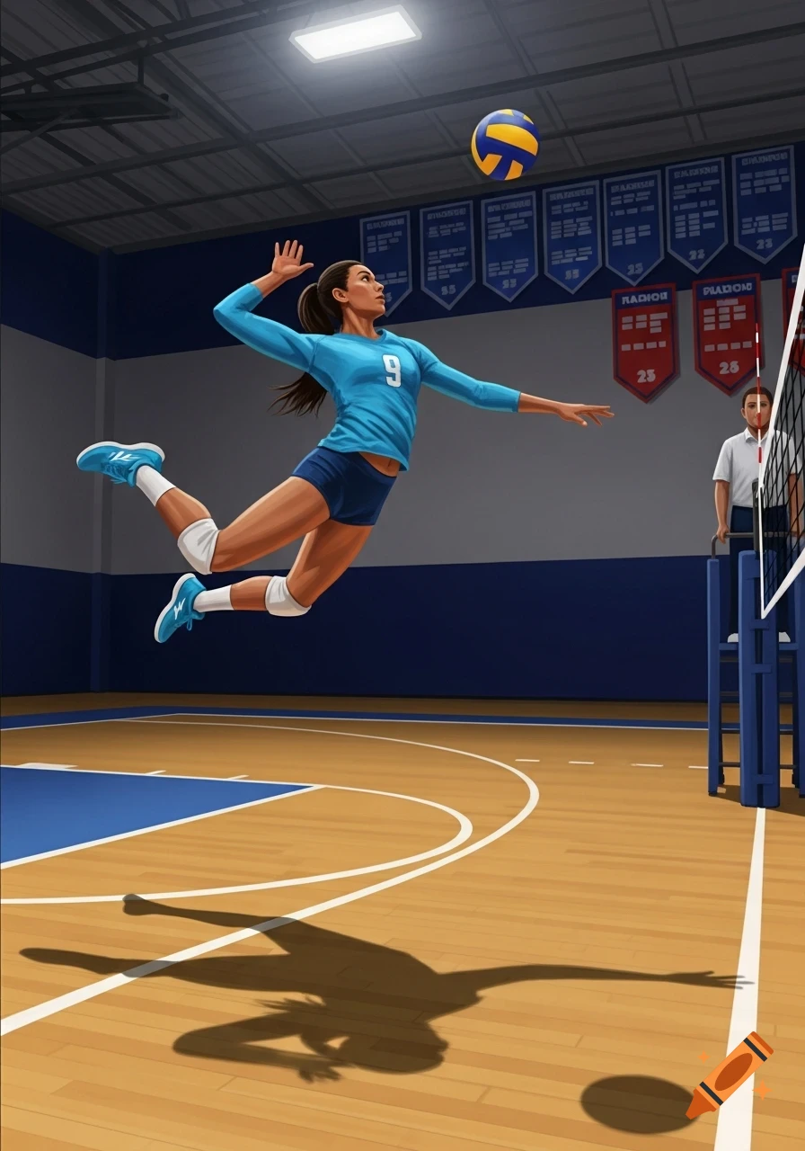 An illustrated female volleyball player in a blue uniform jumps to spike a yellow and blue ball in a gymnasium.