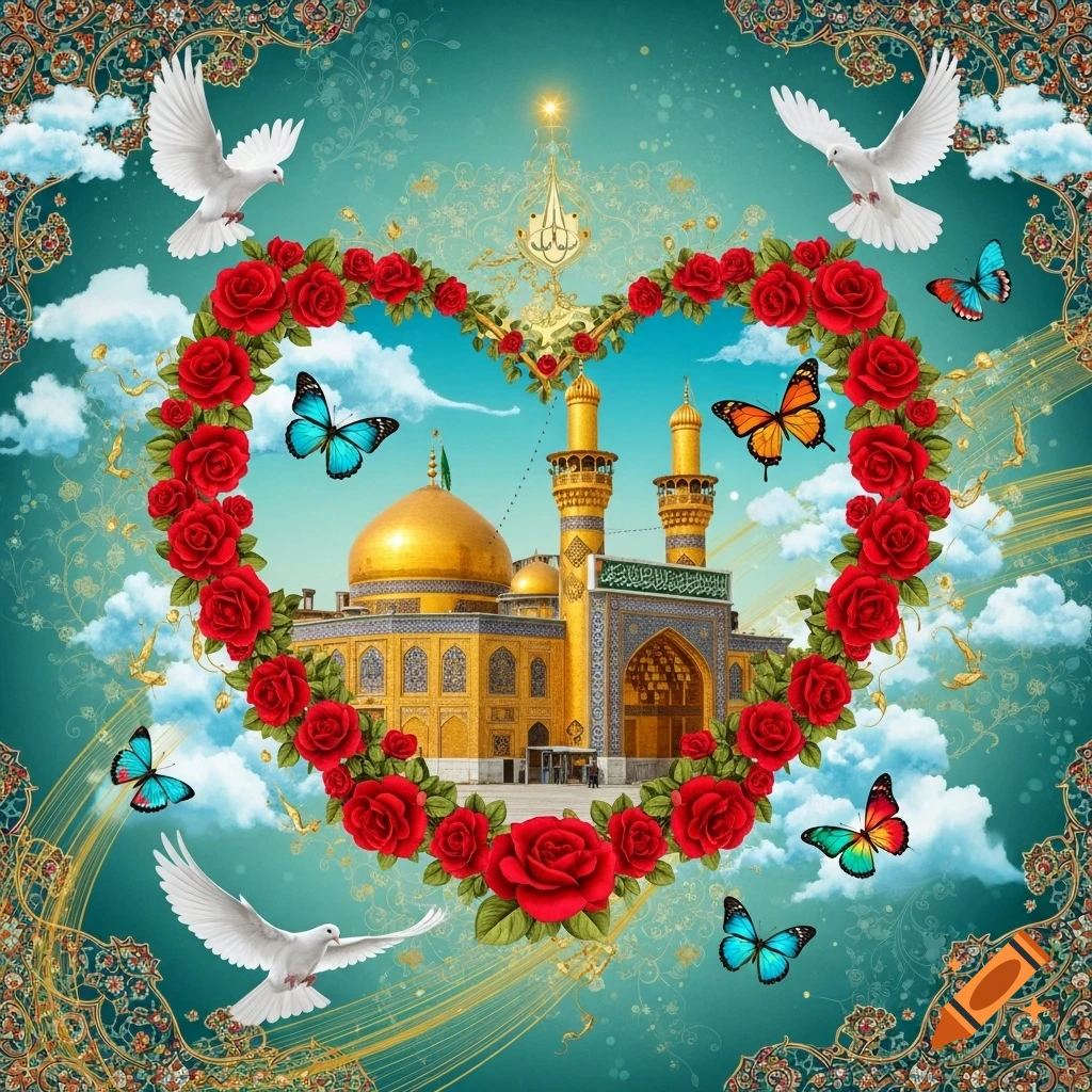 Golden mosque shrine framed by red rose heart wreath, with doves, butterflies, and ornate Persian patterns.