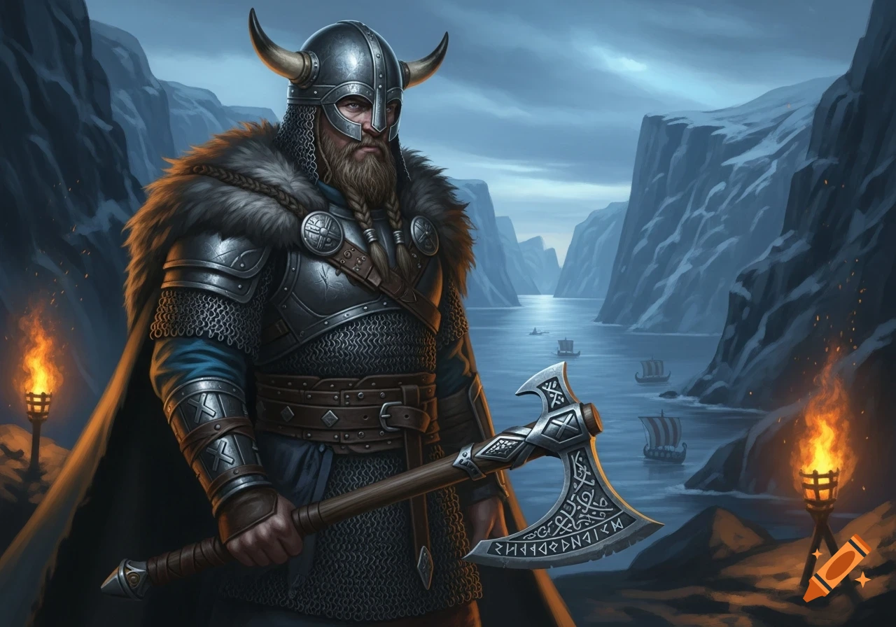 A stern Viking warrior in horned helmet and armor holds a decorated axe by a torchlit fjord with longships.