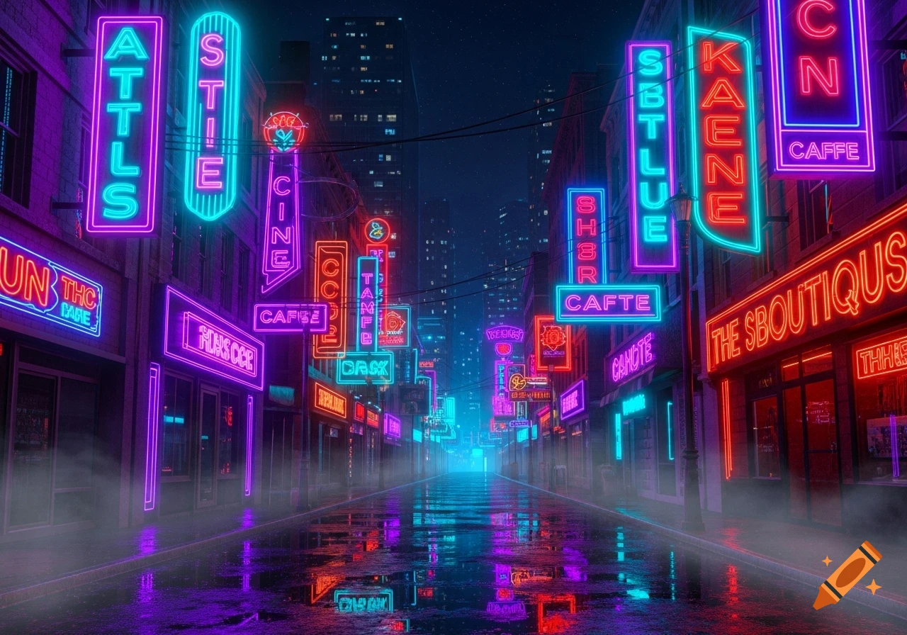 A futuristic city street at night, glowing with colorful neon signs reflecting on a wet, misty road.