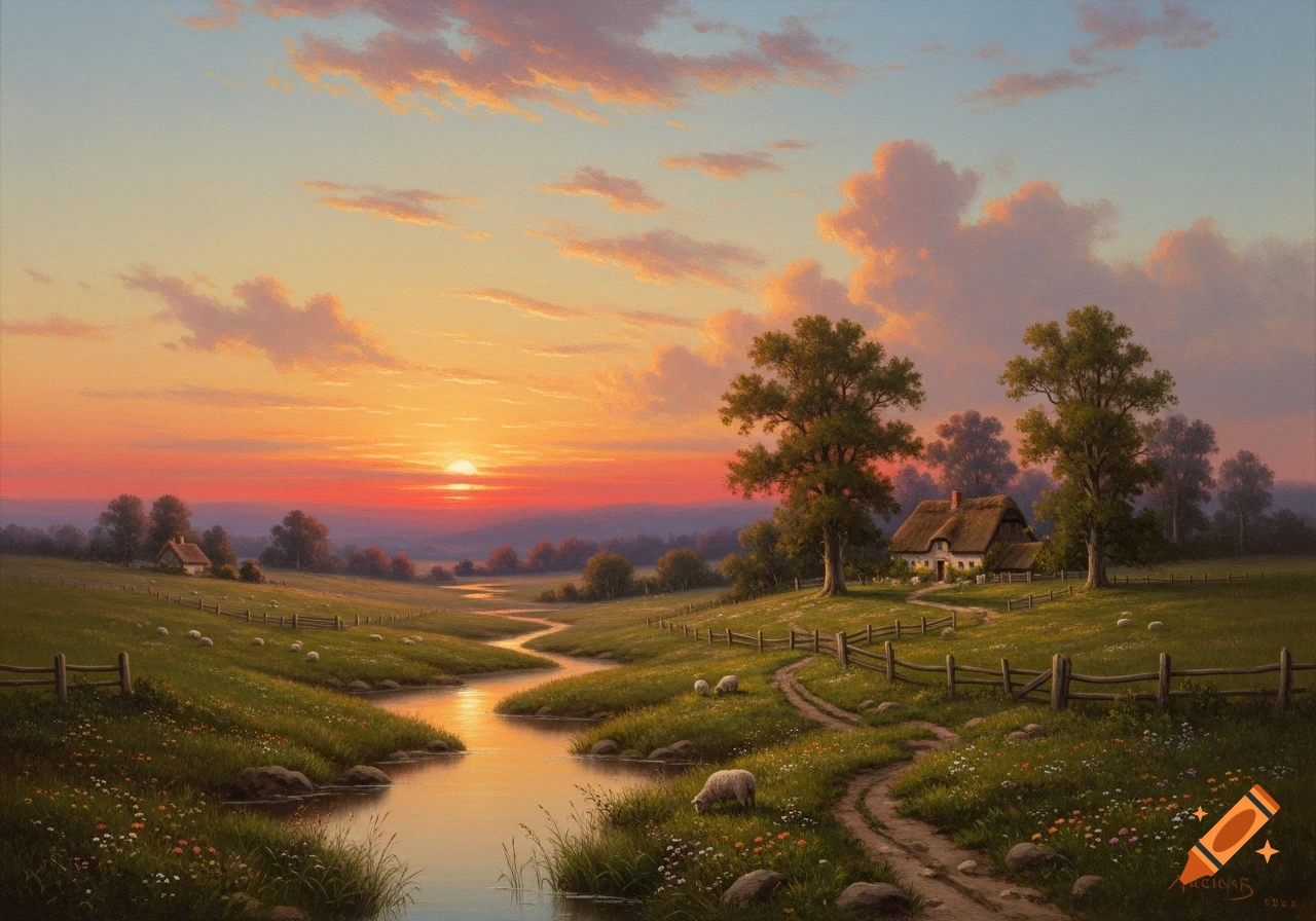 Classical painting of a serene rural landscape at sunset with a winding stream, green hills, sheep, and a cottage.