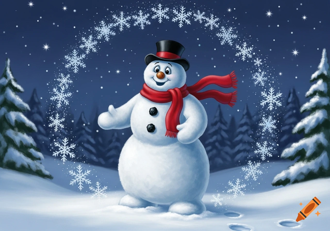A friendly cartoon snowman wearing a black top hat and a red scarf stands in a snowy forest at night, surrounded by glowing snowflakes.
