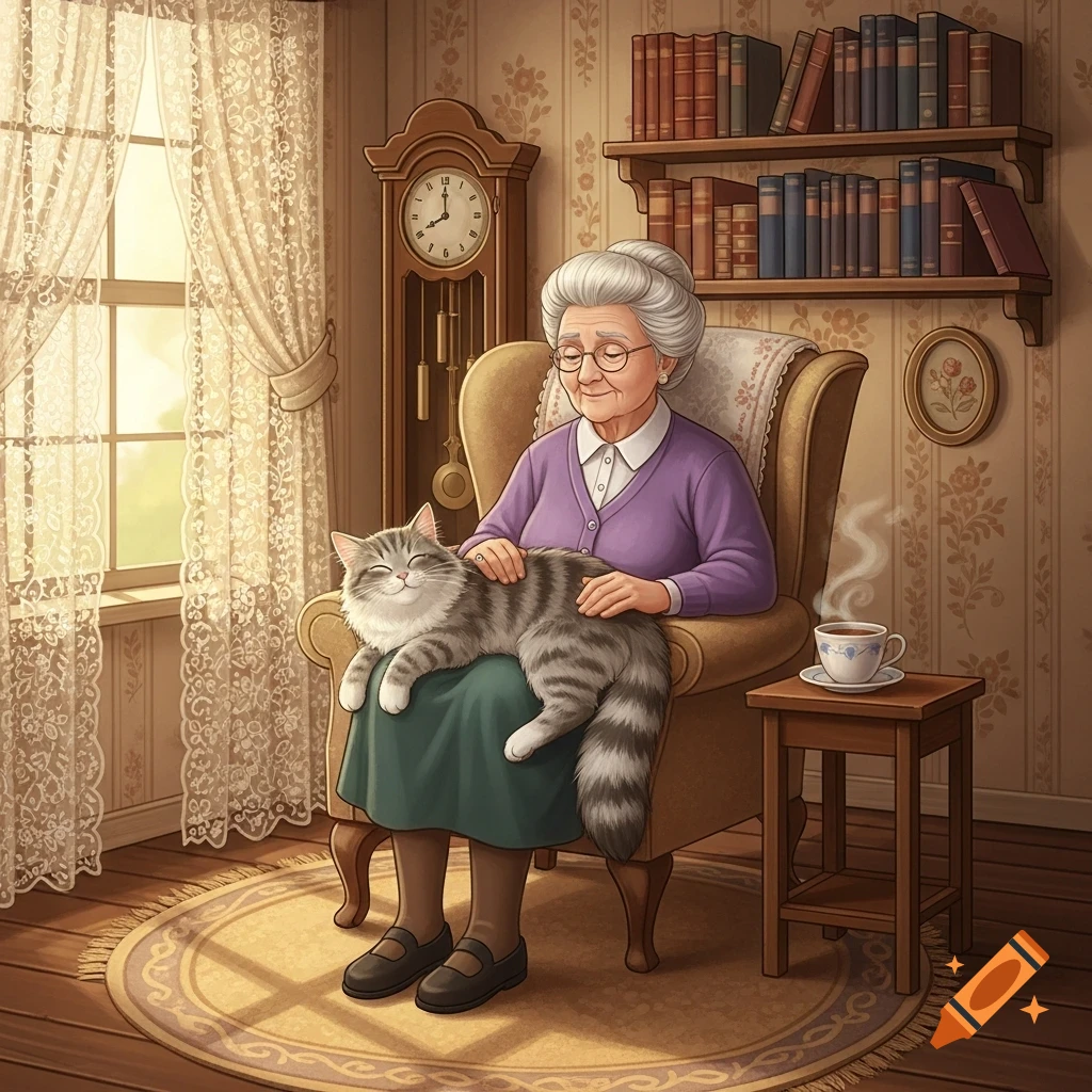 An illustration of a smiling old woman in glasses petting a tabby cat on her lap while sitting in an armchair in a cozy room.