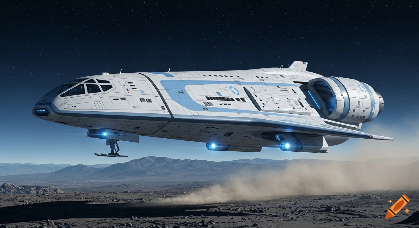 A futuristic white and blue spaceship with glowing engines descends onto a rocky alien planet, kicking up dust under a starry sky.