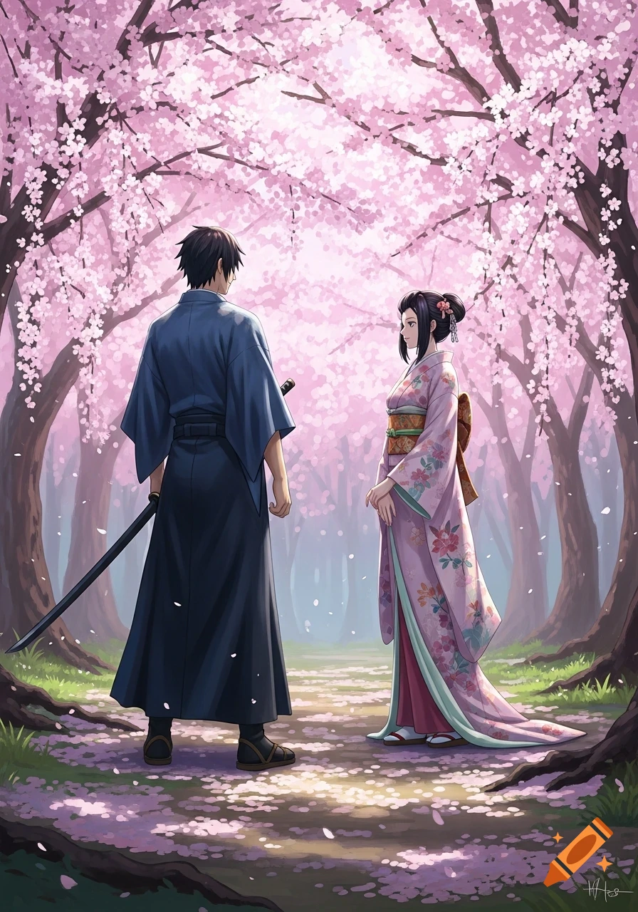 A male and female anime character in traditional Japanese attire face each other under a canopy of pink cherry blossoms, with petals falling.