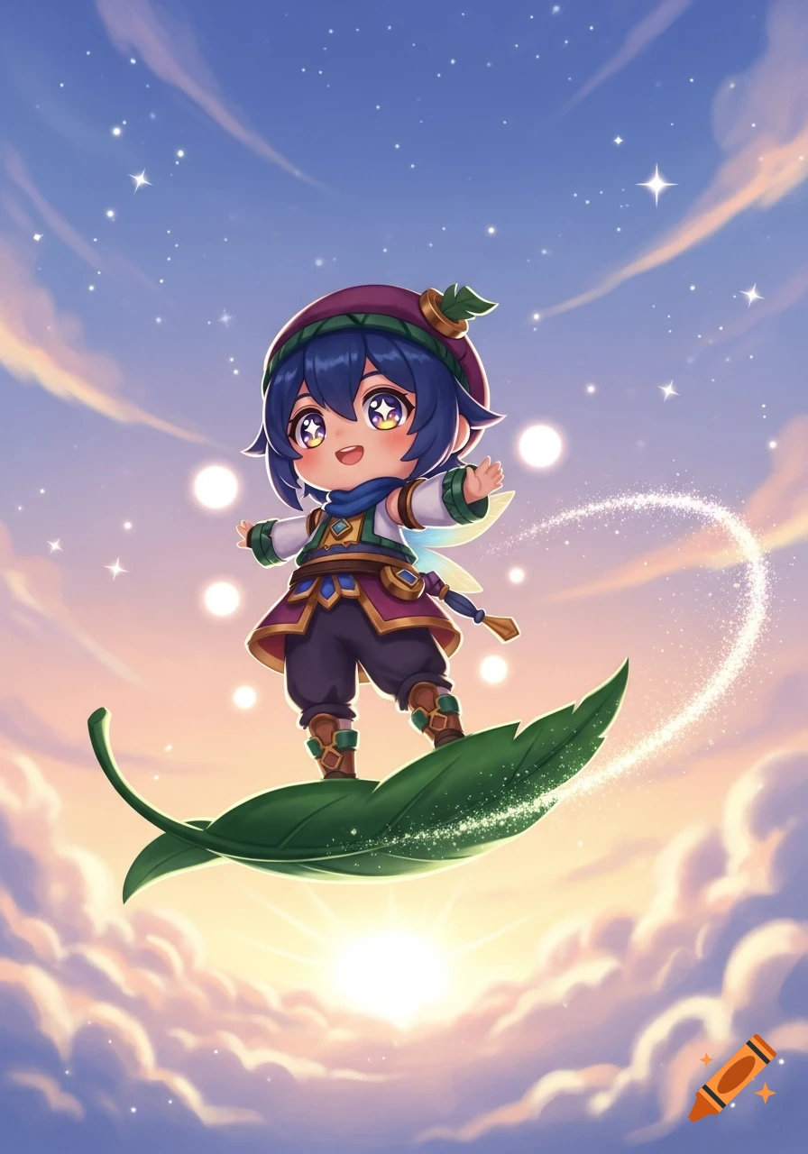 Happy anime chibi character with small wings flies on a green leaf through a sunny, starry sky with clouds.