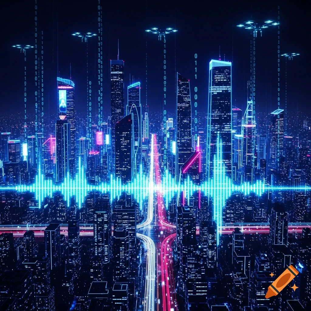 A futuristic cityscape at night with glowing blue and pink lights, digital data streams, and drones overhead.