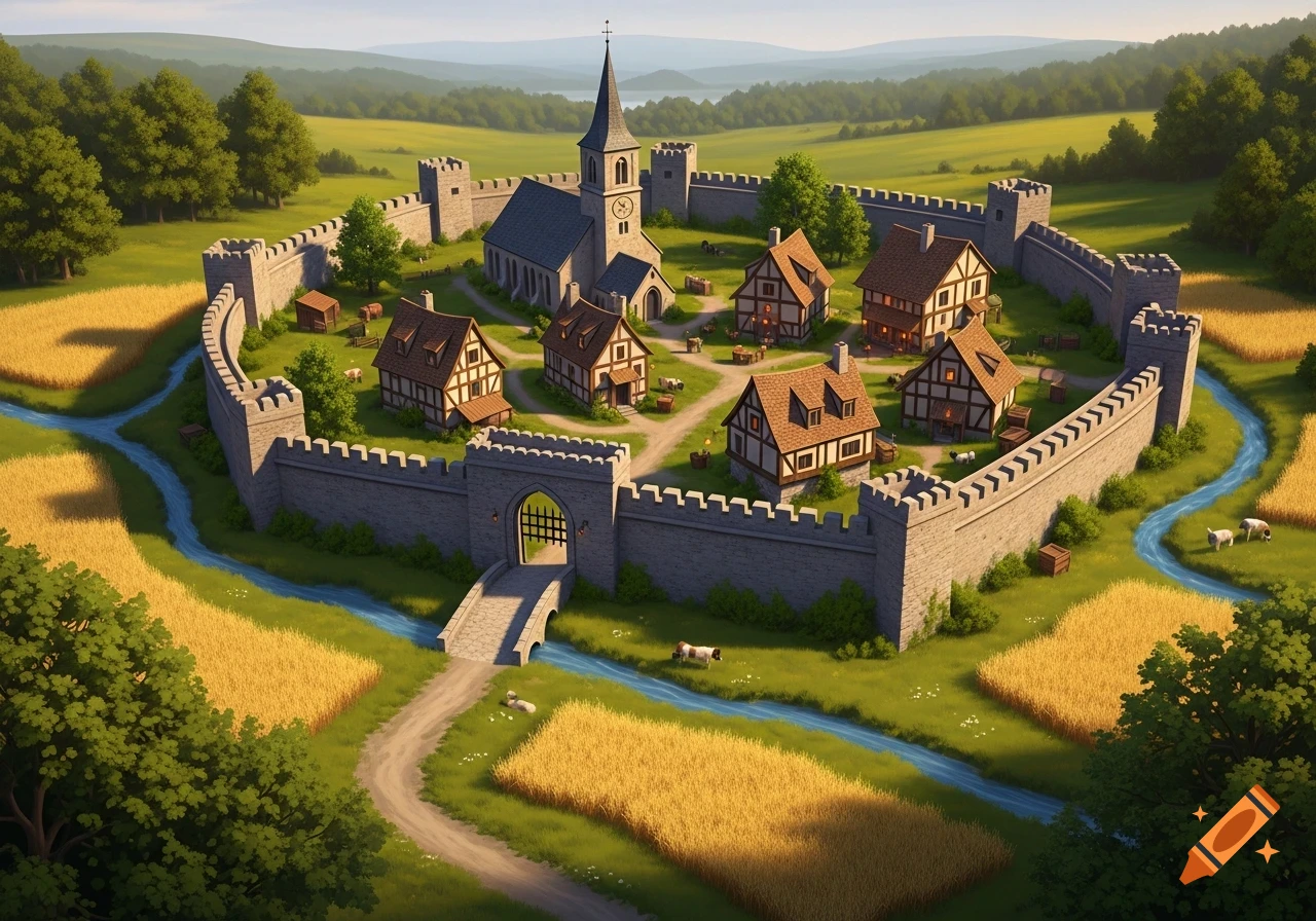 An aerial view of a stylized medieval village surrounded by a stone ...