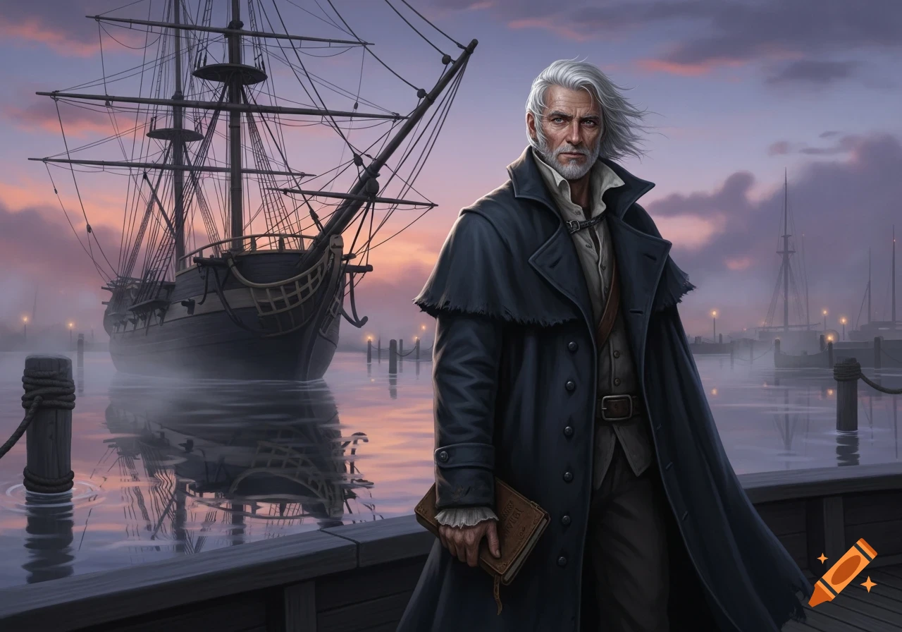 A grizzled man with white hair and beard, wearing a long dark coat, stands on a dock holding a book, with a large sailing ship behind him at twilight.