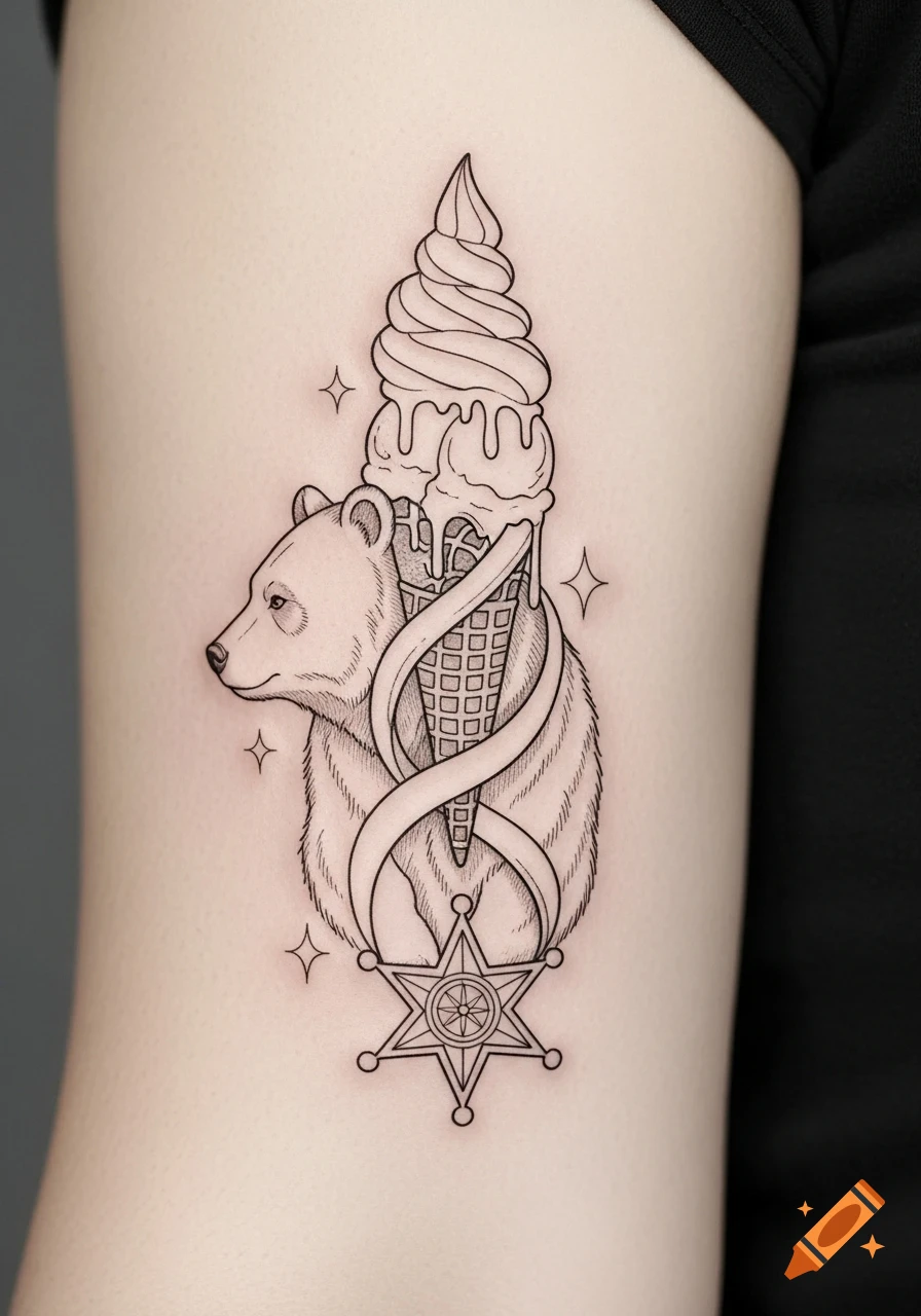 Fine line tattoo of a bear, ice cream cone, and sheriff star on an arm.