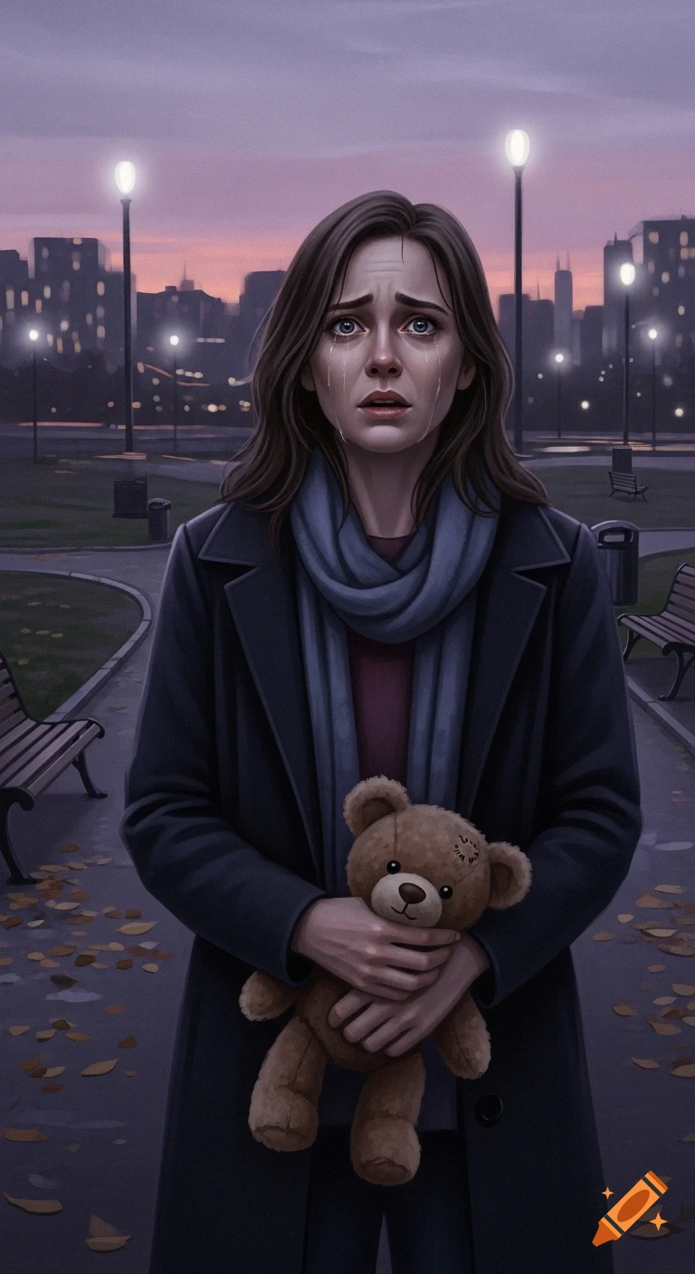 An illustration of a distraught woman crying in a park at dusk, holding a teddy bear, with city lights in the background.