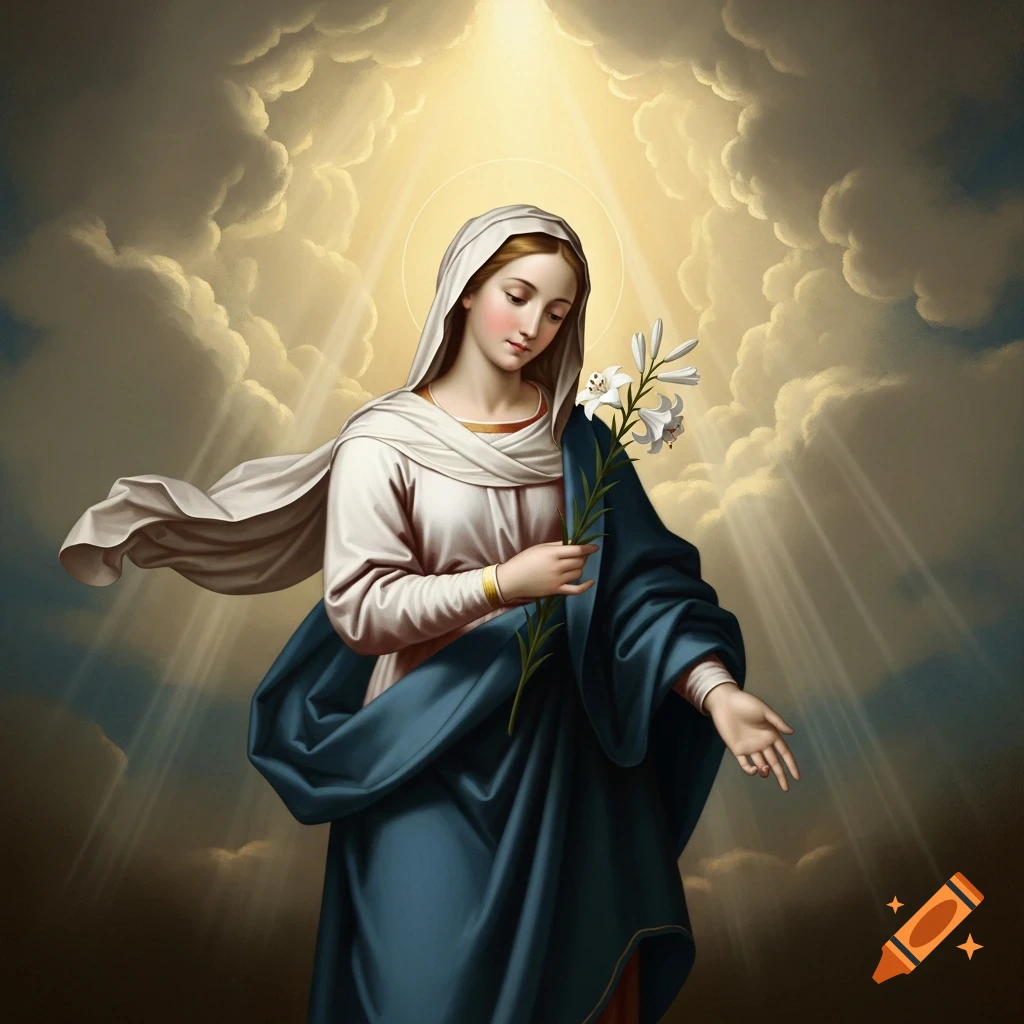 A painting of the Virgin Mary, dressed in white and blue, holding white lilies, bathed in golden light from above.