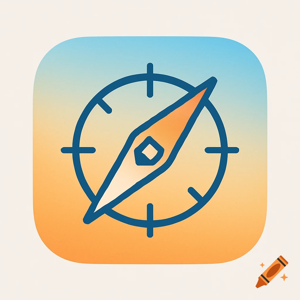A modern app icon featuring a stylized compass with a blue outline and an orange and white needle on a blue and orange gradient rounded square background.