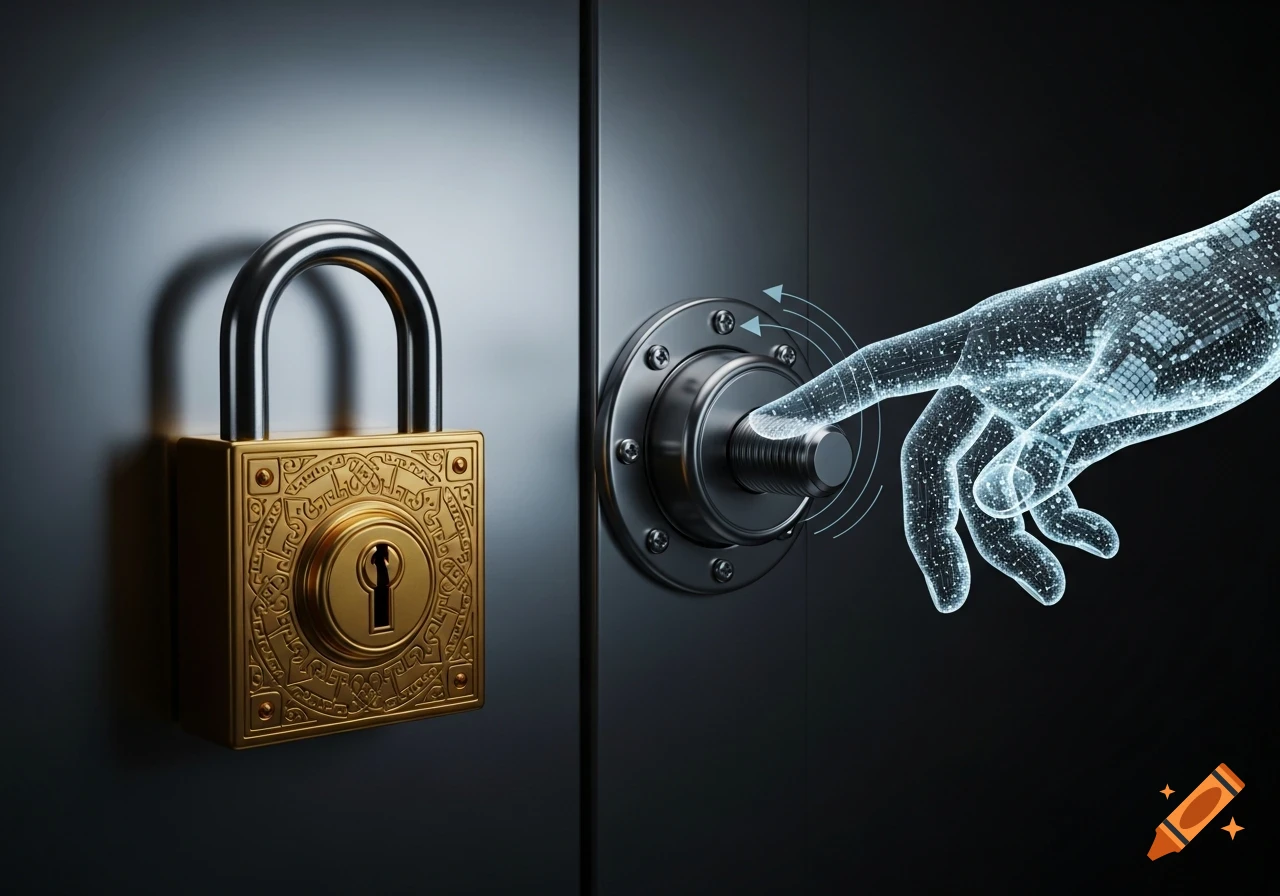 A golden padlock and a glowing digital hand interacting with a locking mechanism on a dark surface in a minimalist, high-contrast, photorealistic style.