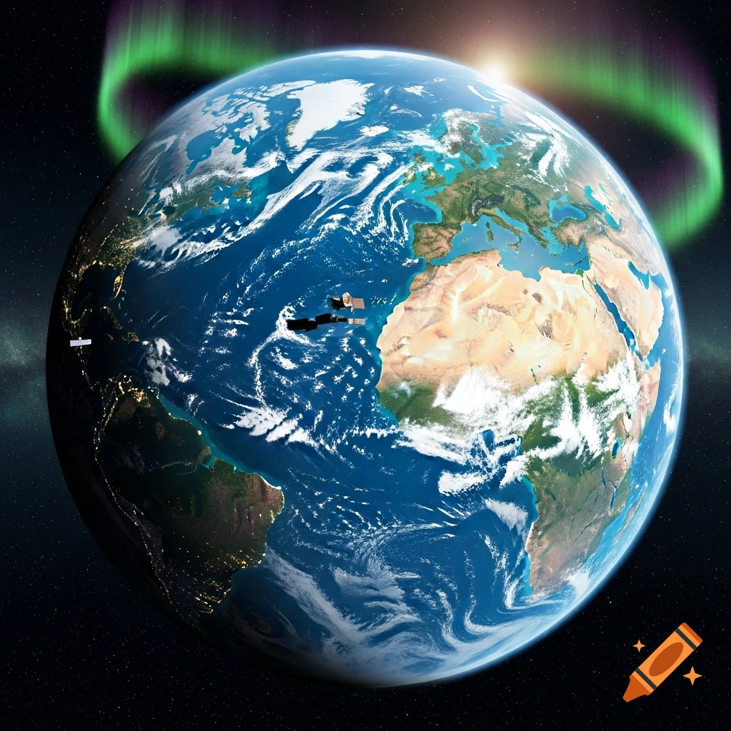 Photorealistic Earth-like planet with altered continents, glowing auroras, and satellites in space.