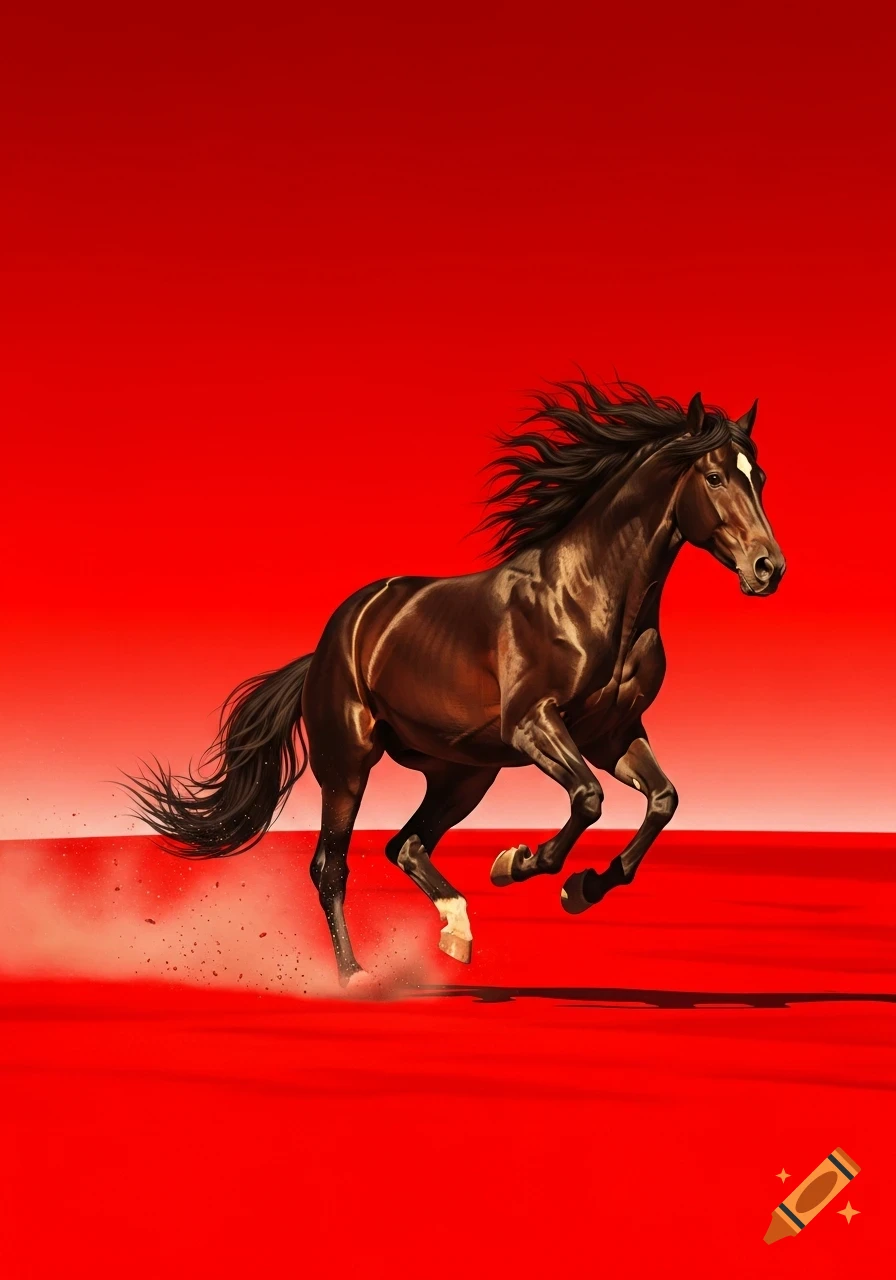 A dark brown horse with a flowing mane runs across a red landscape, kicking up dust.