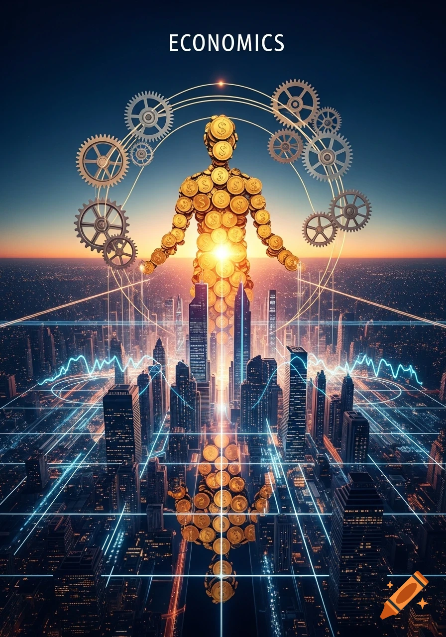 Abstract depiction of economics with a human figure made of gold coins and gears over a glowing cityscape, titled 'ECONOMICS'.