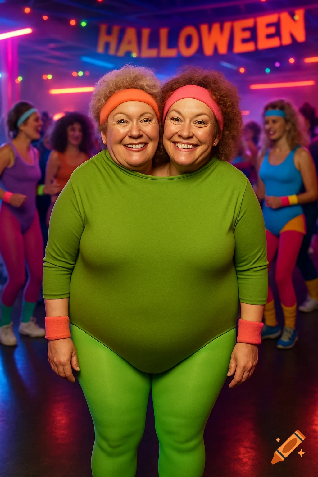 Two women in a single green leotard and tights form a two-headed avocado costume at an 80s aerobics Halloween party.