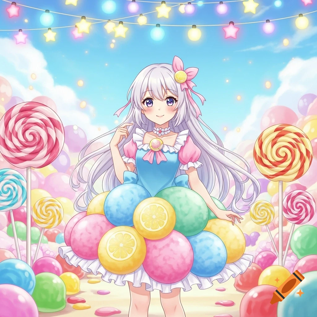 An anime girl with white hair wearing a candy-decorated dress stands among lollipops and colorful candies under a string of lights.