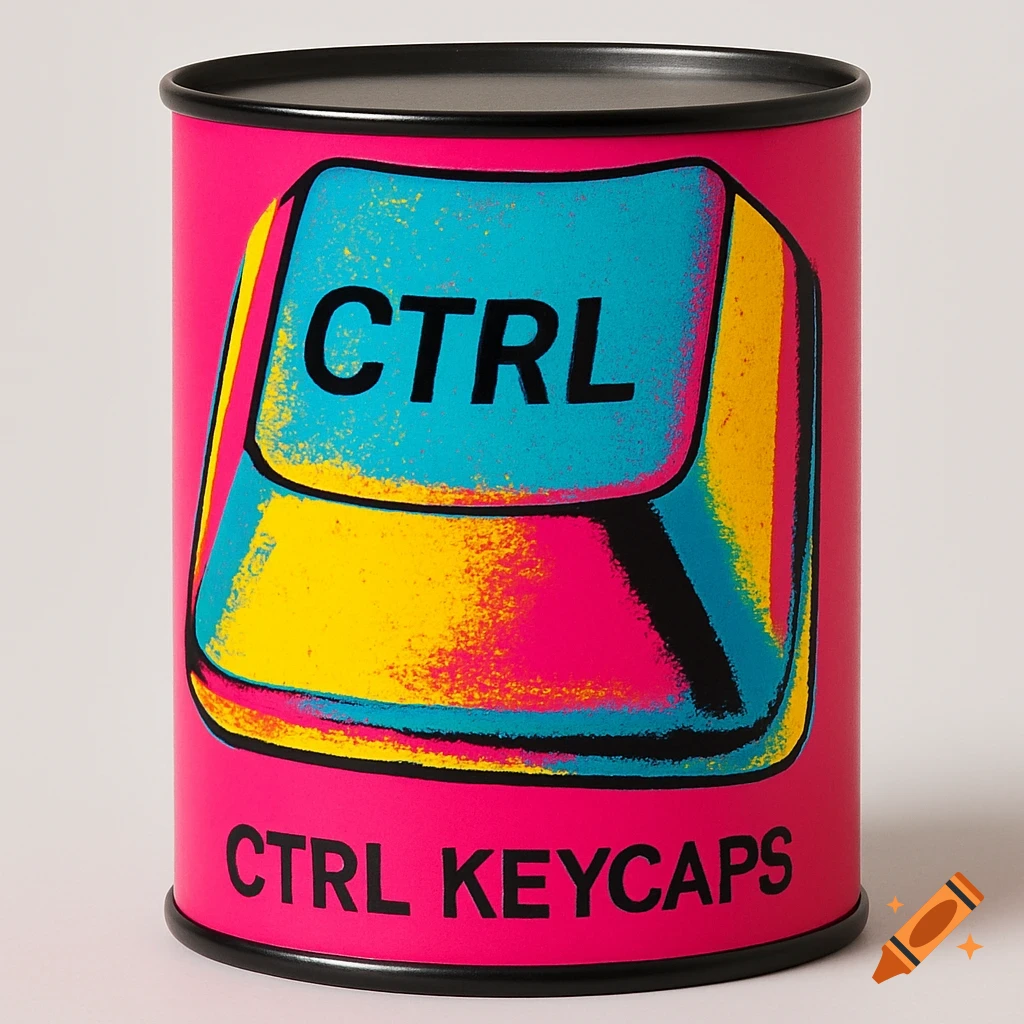 Cylindrical hot pink tin with a large pop art CTRL key design in misaligned cyan, magenta, and yellow. Text 'CTRL KEYCAPS' at the bottom.