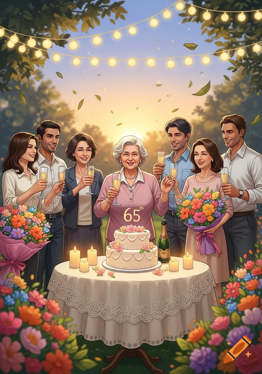 An animated family celebrates a 65th birthday outdoors with a cake ...