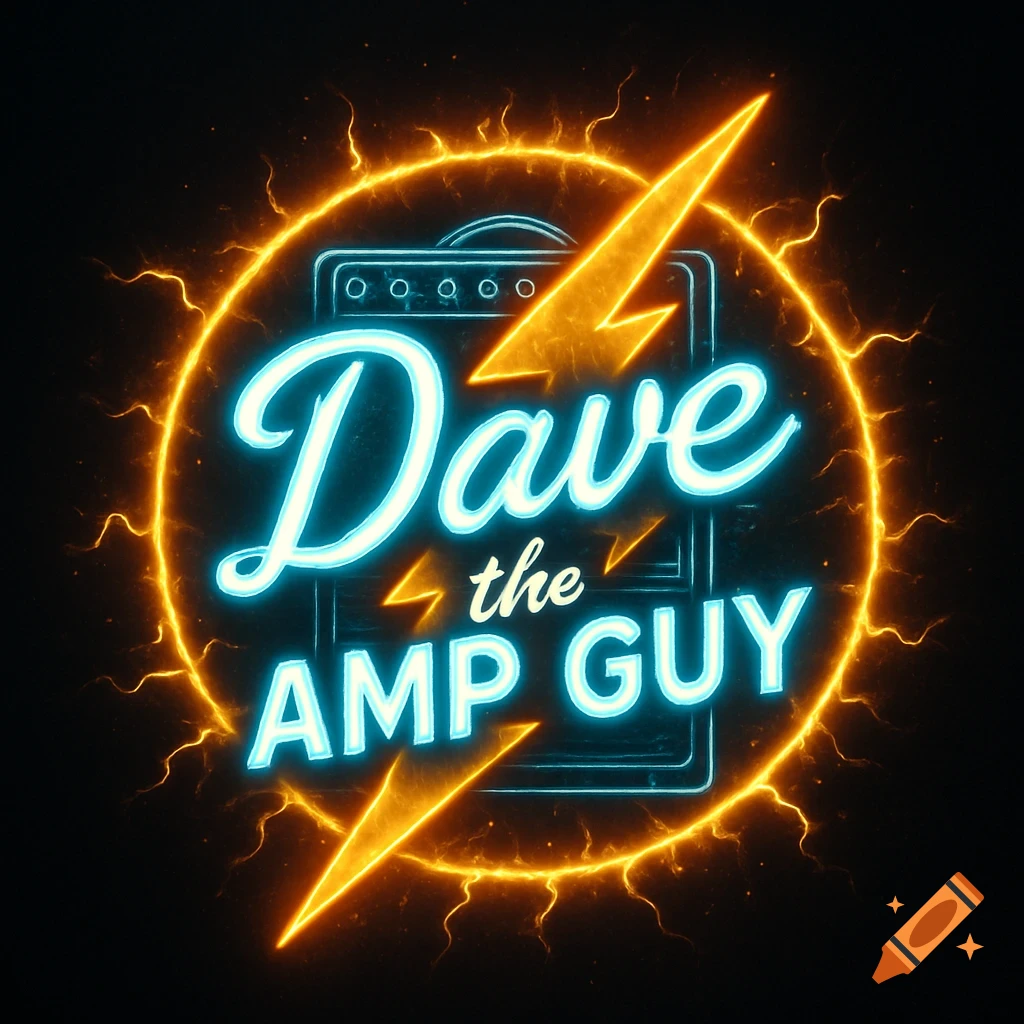 A neon logo for 'Dave the Amp Guy' with bright cyan text, a golden lightning bolt, and a glowing electrical ring on a dark background.