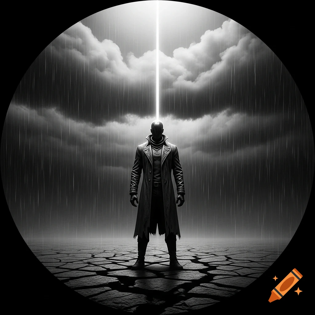 A faceless figure in a long coat stands on cracked ground under stormy skies with a light beam, in a black and white cinematic style.