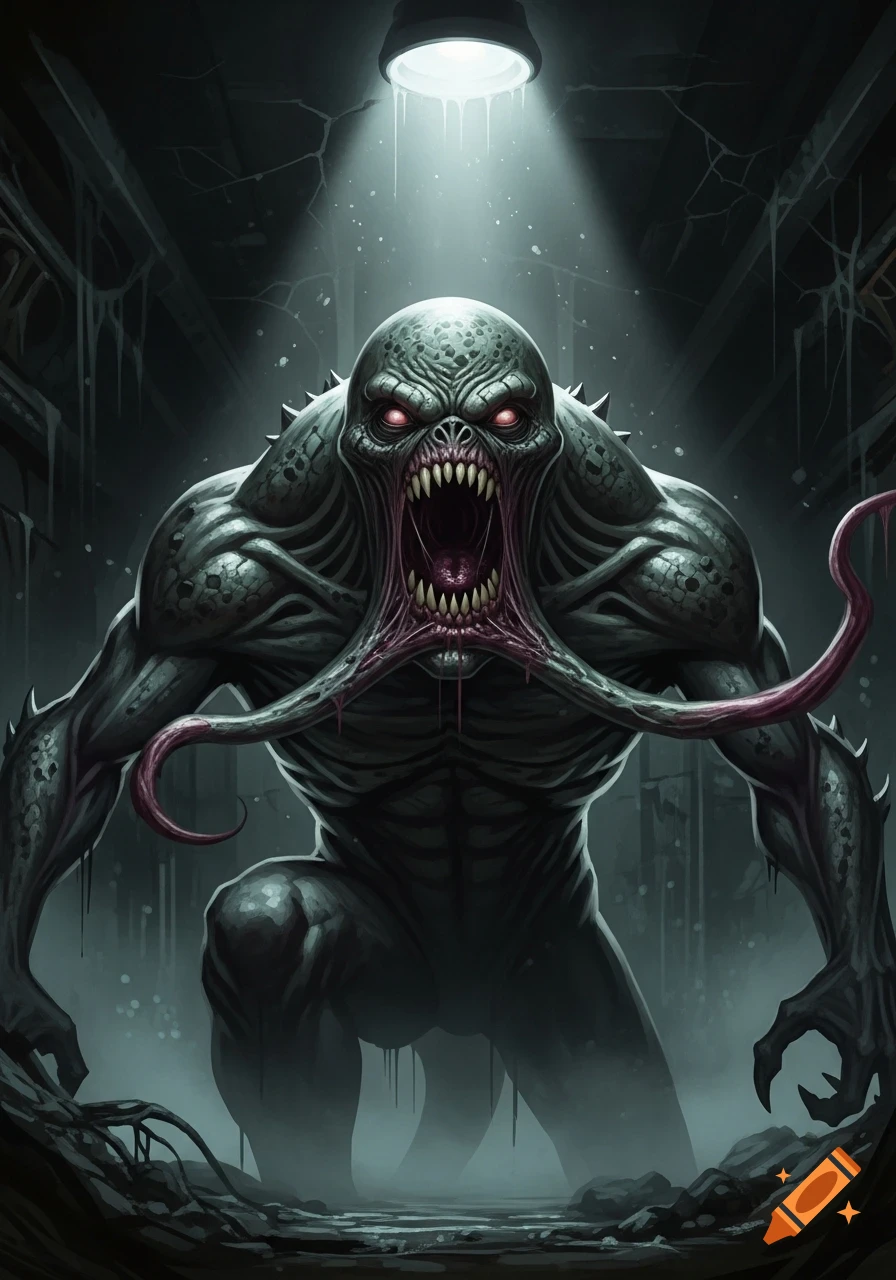 A terrifying green mutant monster with red eyes and sharp teeth screams, tentacles around its mouth, under a harsh spotlight in a dark, eerie setting.
