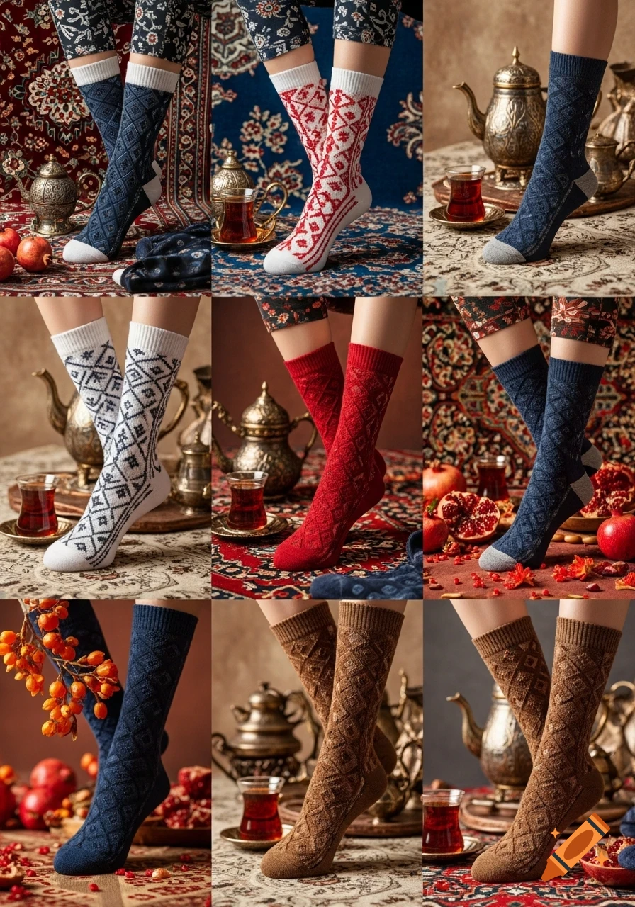 A grid of nine close-up shots showing legs wearing patterned socks in various colors, set against ornate rugs with tea and pomegranates.