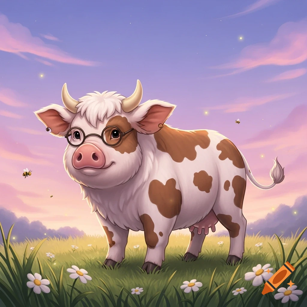 A fluffy, cartoon cow wearing glasses stands in a field of daisies under a pastel sky with fireflies.