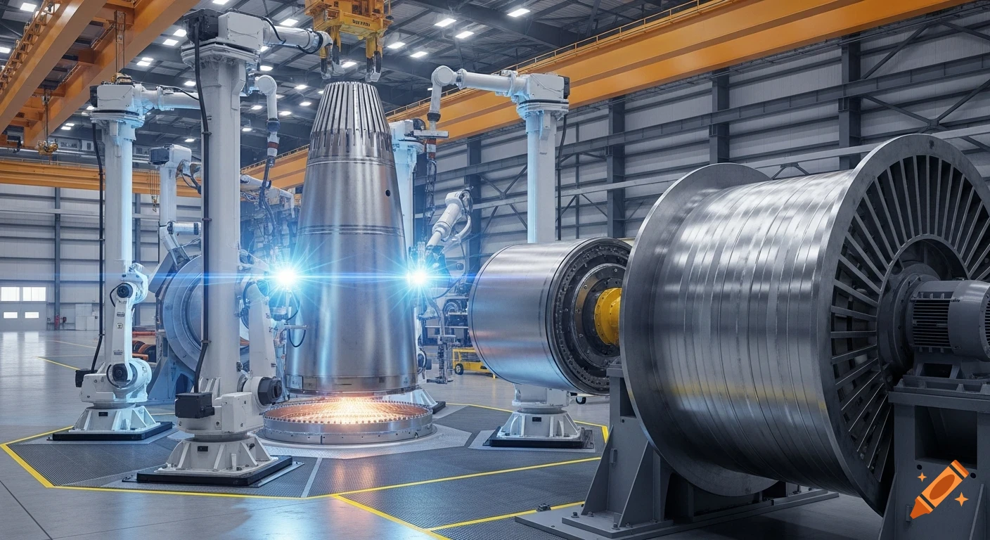 Photorealistic view of an automated rocket factory with robotic arms welding a large stainless steel cylinder in a high bay facility.