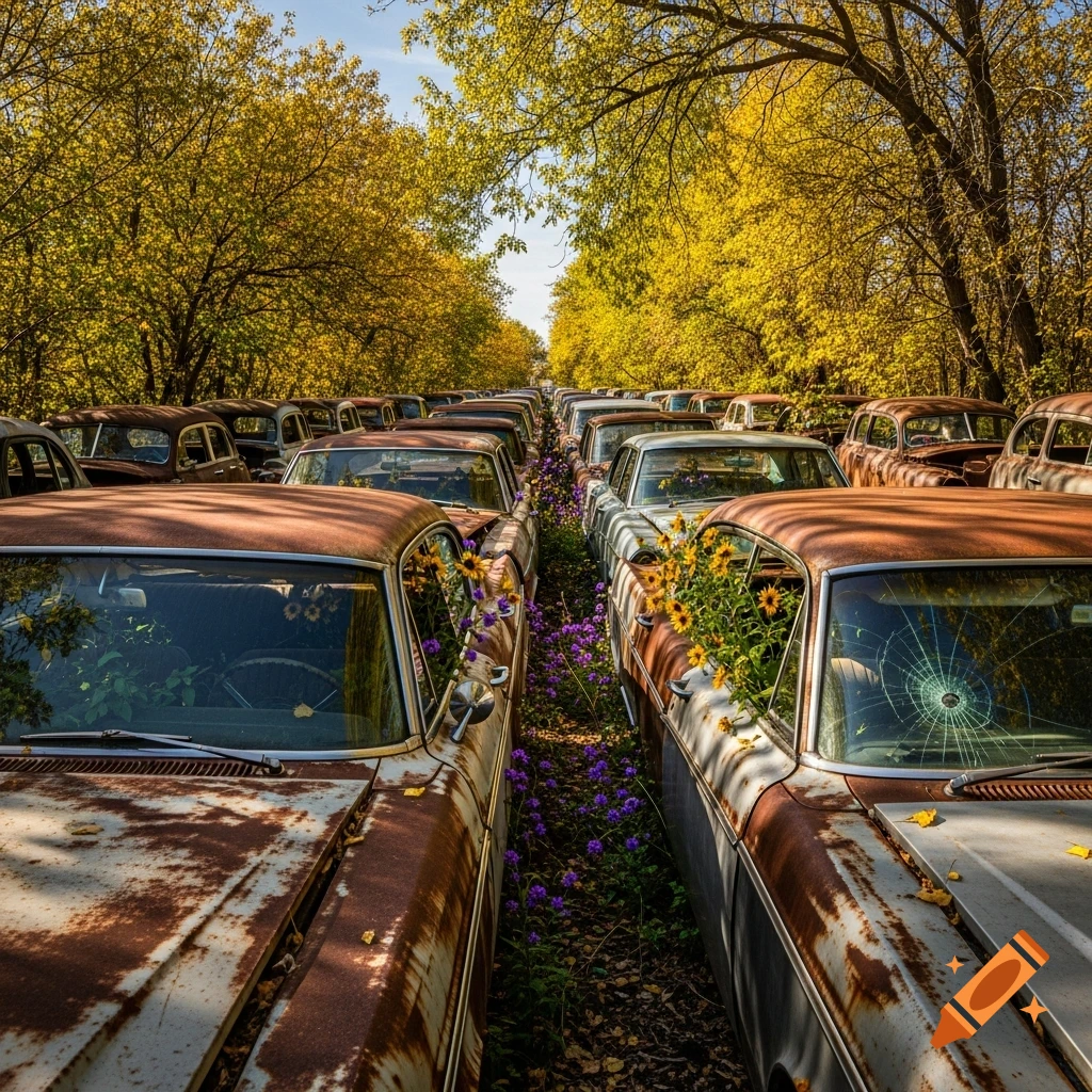 Rusty vintage cars overgrown with purple and yellow wildflowers in an outdoor junkyard under golden autumn trees.