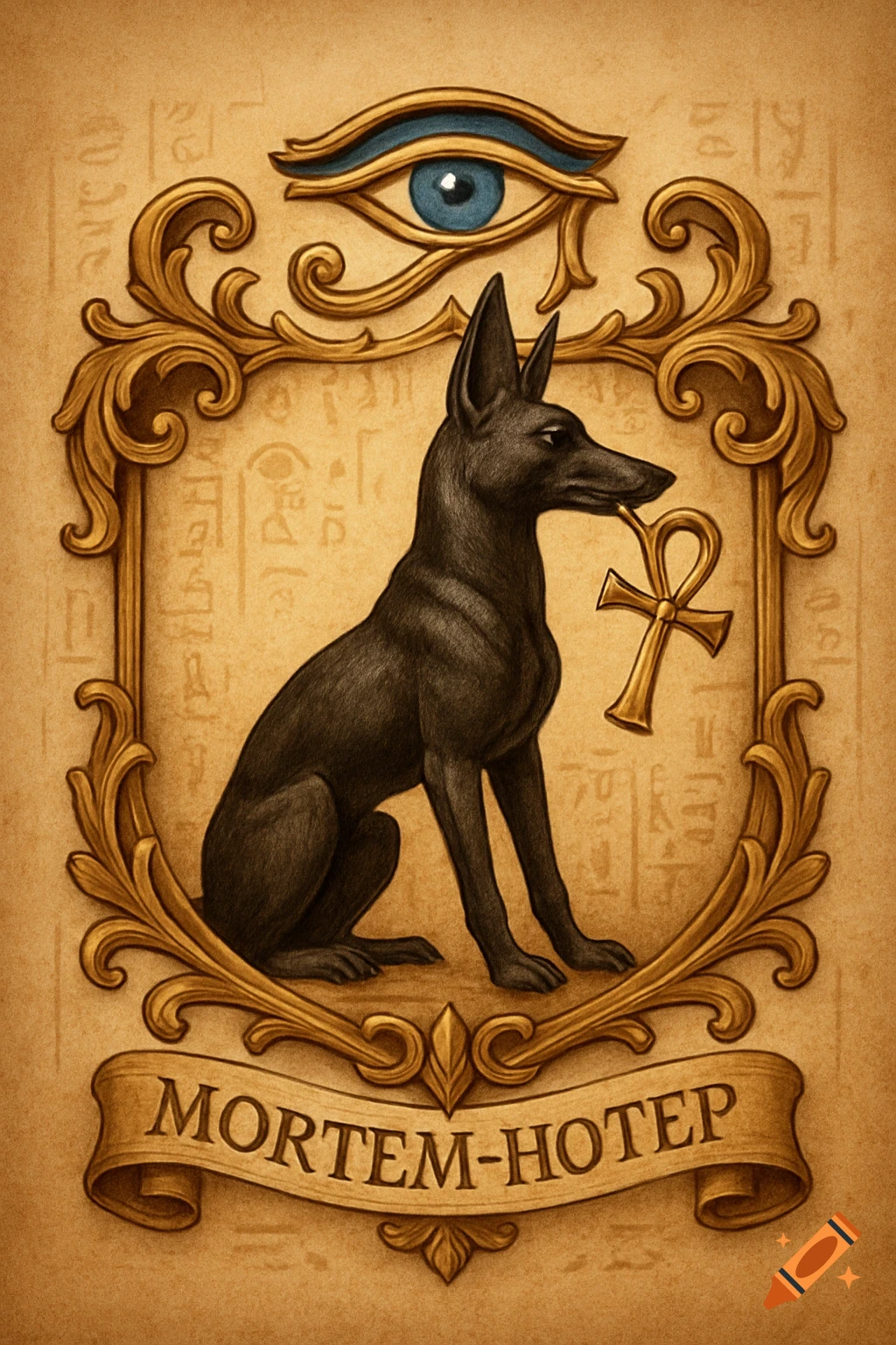 A stylized Egyptian coat of arms featuring a black jackal holding an ankh in an ornate gold frame, with the Eye of Horus above and 'Mortem-Hotep' on a banner below, on a papyrus background.