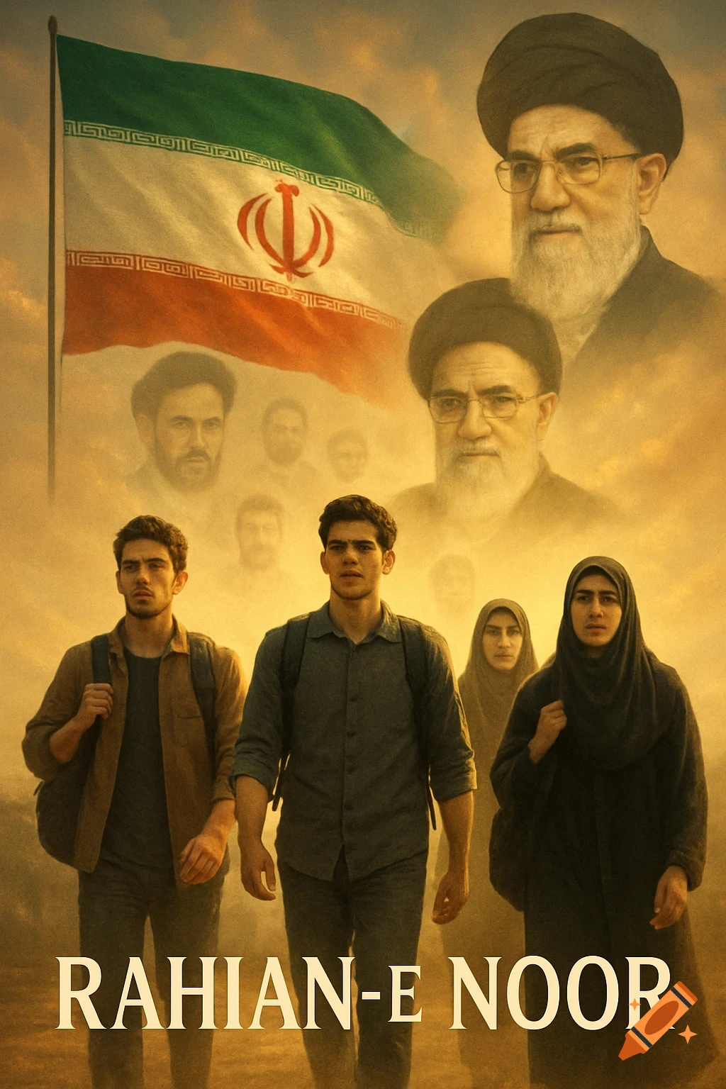 Cinematic poster with three young Iranian students walking determinedly under a golden sky, featuring the Iranian flag and portraits of religious figures and martyrs. Text: RAHIAN-E NOOR.