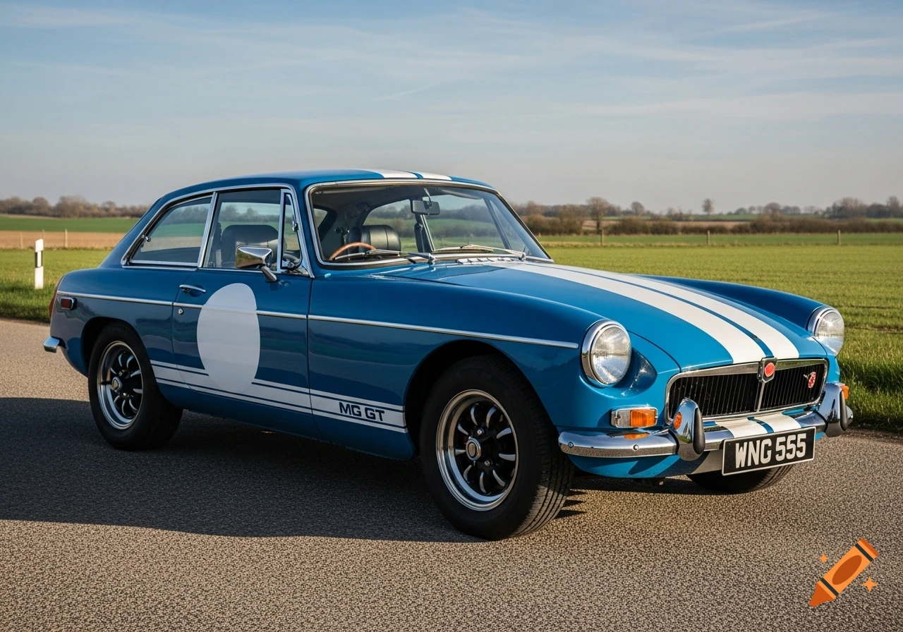 A blue 1970s MGB GT classic car with white racing stripes and a white circle on the side is parked on a paved road in a rural setting.