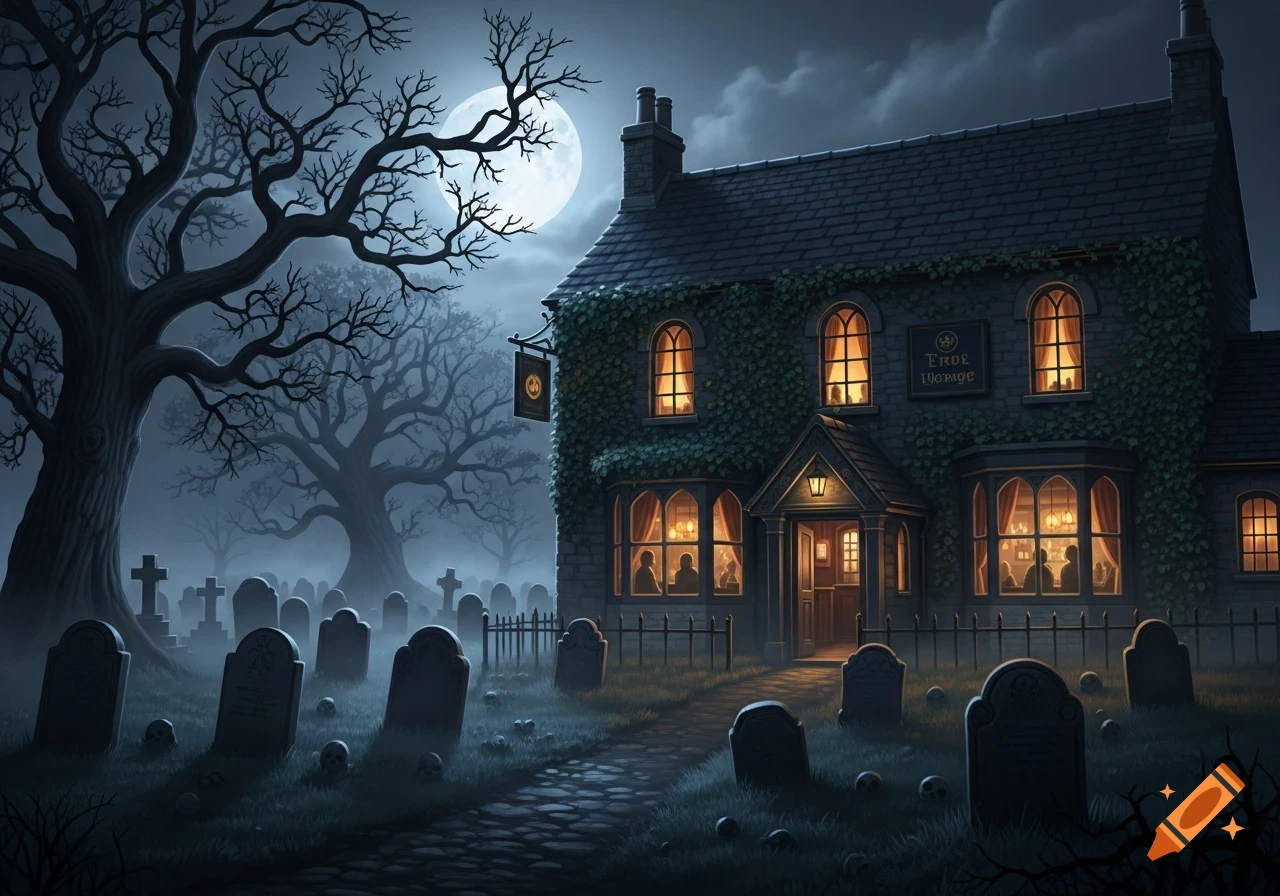 A spooky, moonlit scene with an old, ivy-covered pub next to a misty graveyard with gravestones and bare trees.