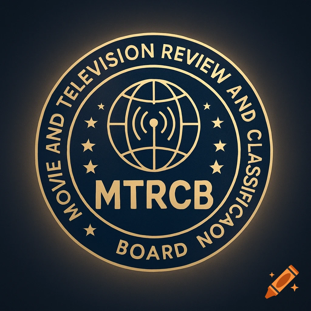 A gold and blue MTRCB logo, featuring the text "MOVIE AND TELEVISION REVIEW AND CLASSIFICATION BOARD" and a globe icon.