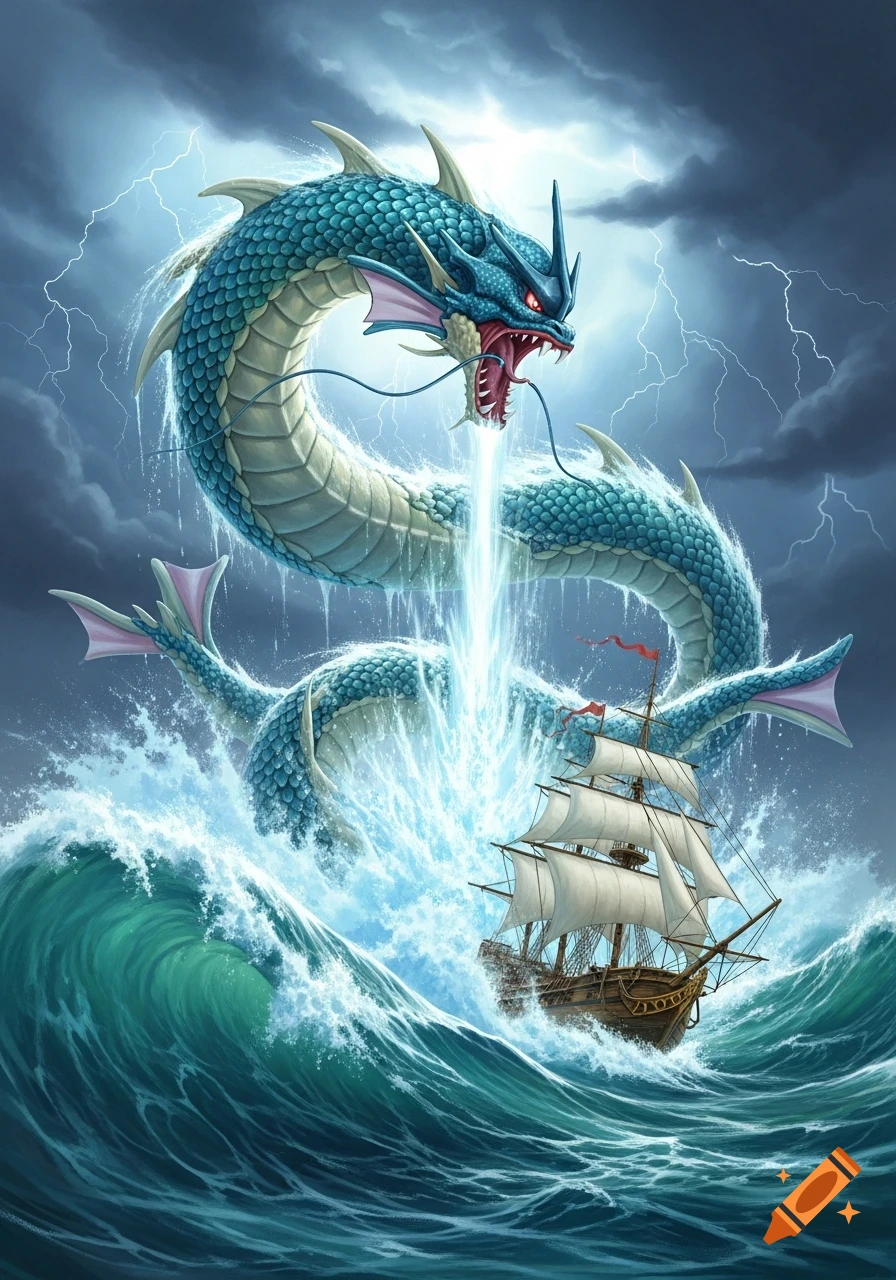 A giant blue serpentine Gyarados pokemon emerges from stormy seas with lightning, unleashing water and threatening a sailing ship.