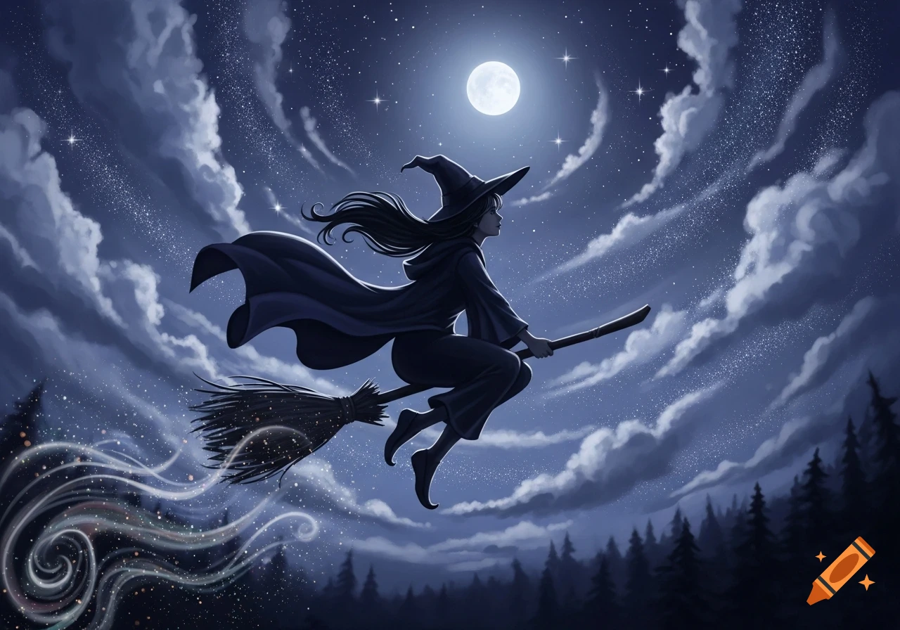 An illustration of a witch in a pointy hat and cape flying on a broomstick across a starry night sky with a full moon and clouds.