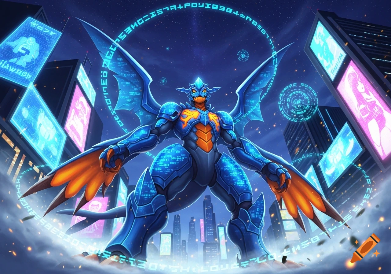 A large blue and orange dragon-like Digimon stands powerfully in a futuristic city at night, surrounded by glowing digital symbols.