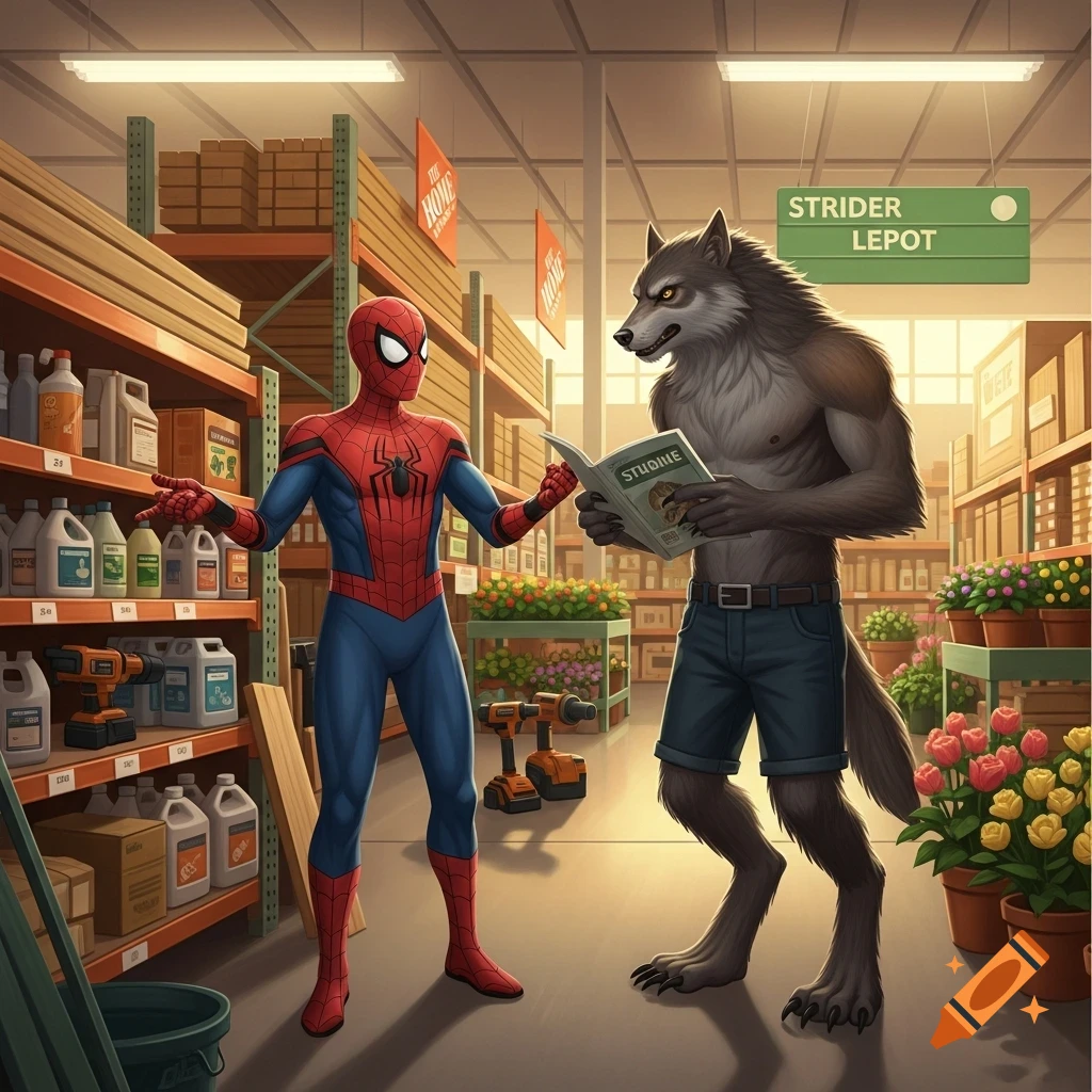 Spider-Man in a hardware store with his arms spread, talking to a werewolf customer wearing shorts and reading a book.