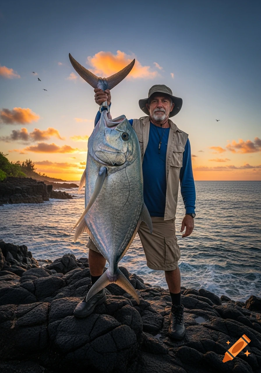 A fisherman proudly holds a large Giant Trevally fish on a rocky coast against a vibrant sunset over the ocean.