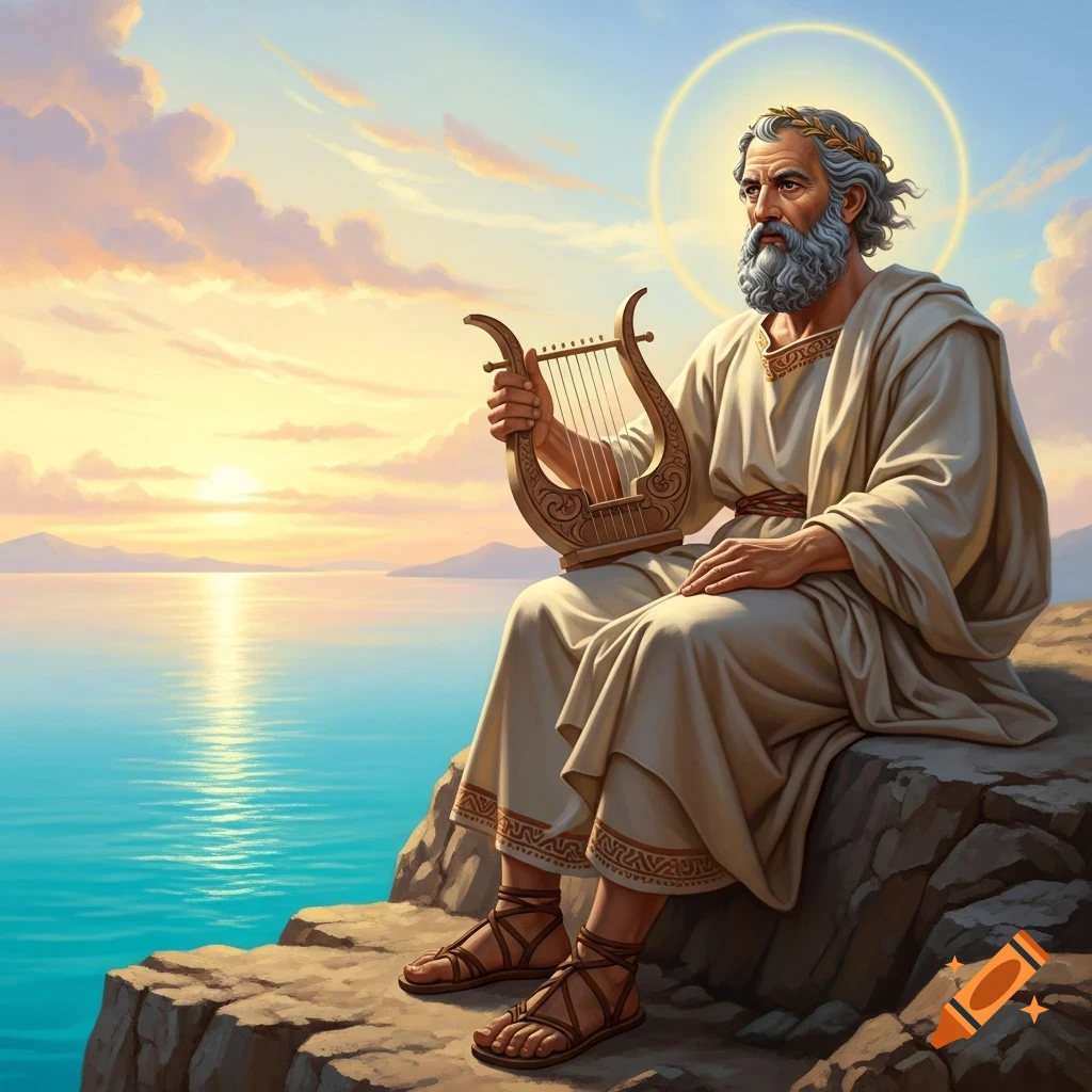 A bearded man resembling Homer, in ancient robes and a laurel wreath, sits on a cliff overlooking a serene sea at sunset, holding a lyre.