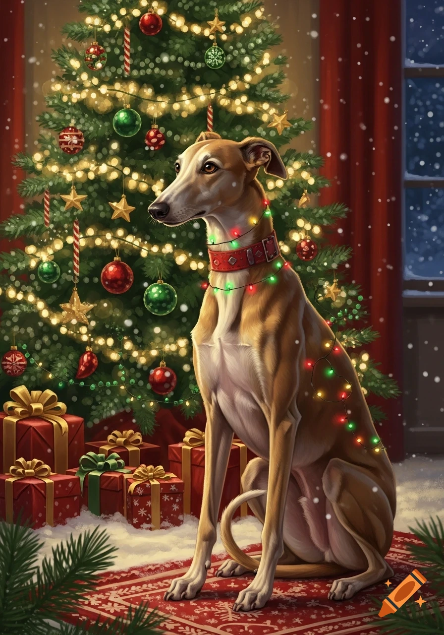 A photorealistic greyhound dog wearing Christmas lights sits on a red rug in front of a decorated Christmas tree and gifts. Snow falls outside.