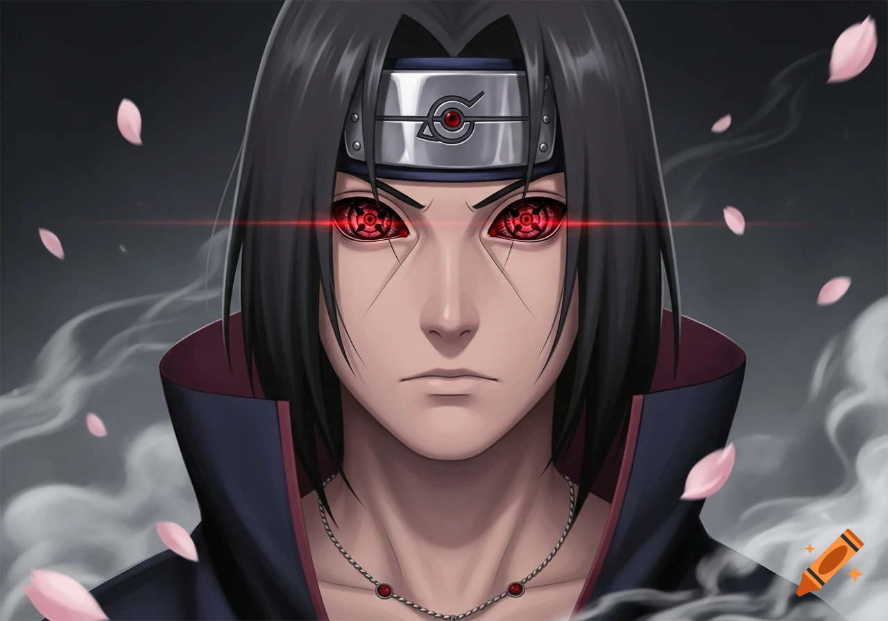 Close-up anime portrait of Itachi Uchiha with glowing Mangekyo Sharingan eyes, wearing a black cloak, with falling cherry blossoms.