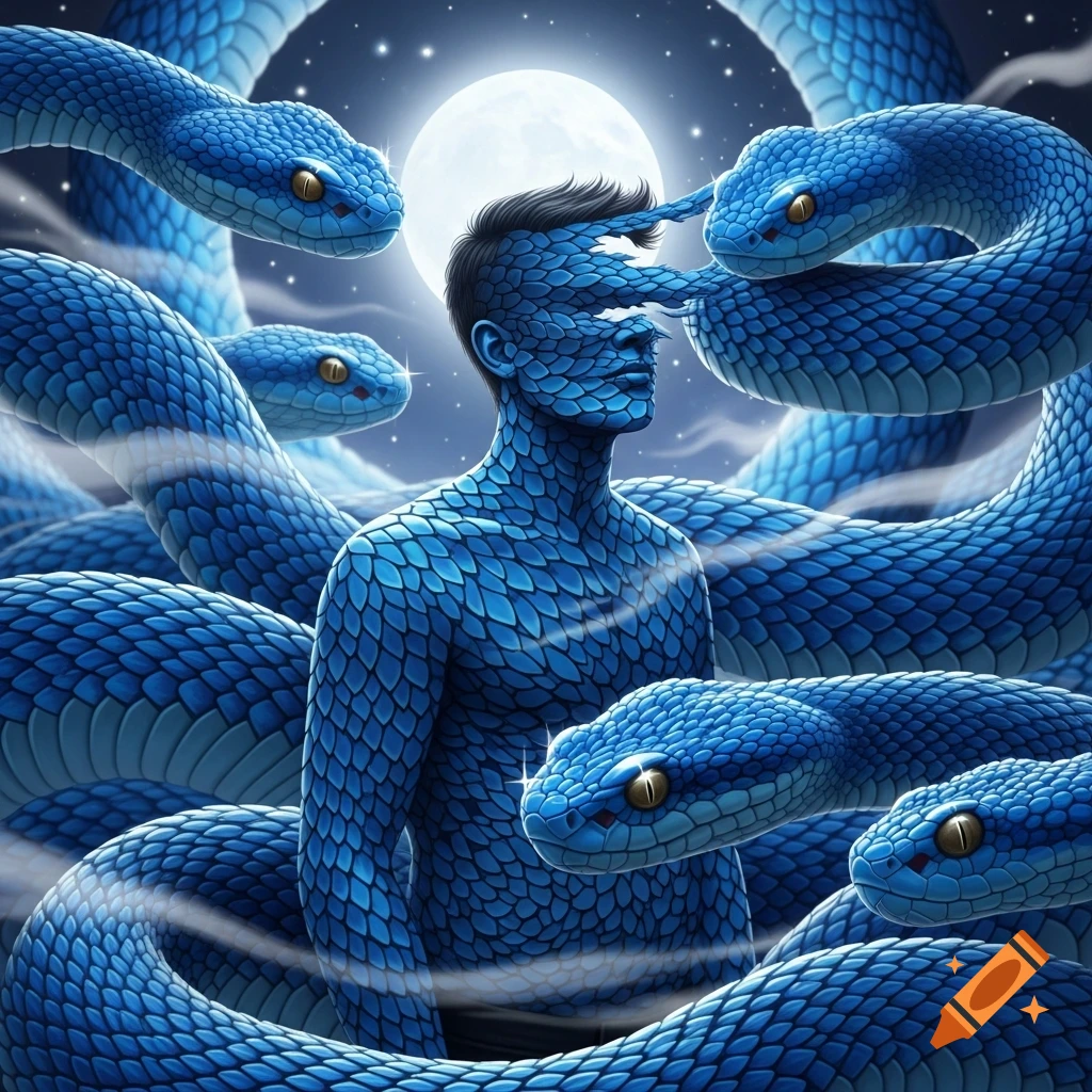A man with blue scales on his body and face, merging with blue snakes coiling around him under a full moon in a starry night.