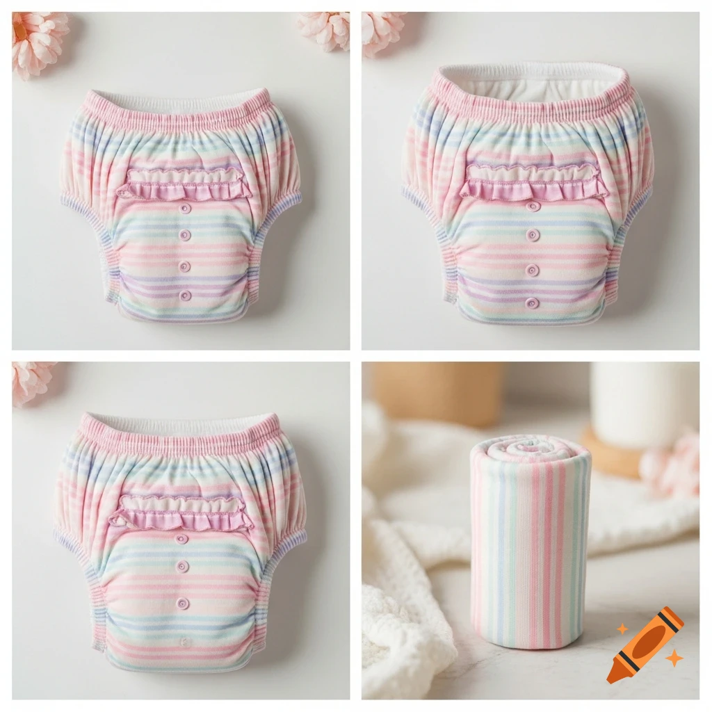 2x2 product photo collage of pastel-striped baby training pants with ruffles, one rolled up.