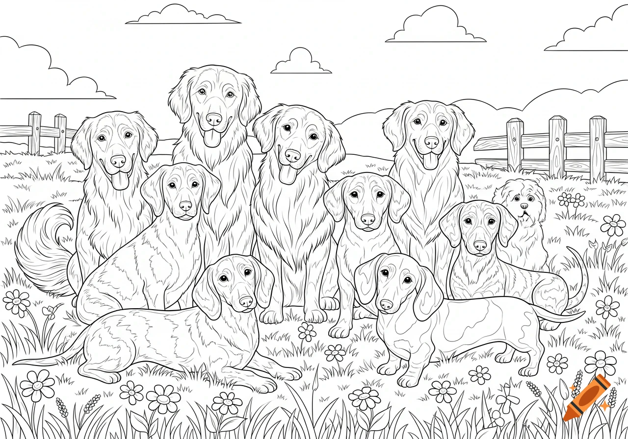 A group of different dog breeds, including golden retrievers and dachshunds, sitting and lying in a grassy field with a fence and clouds, in a black and white line art style for coloring.