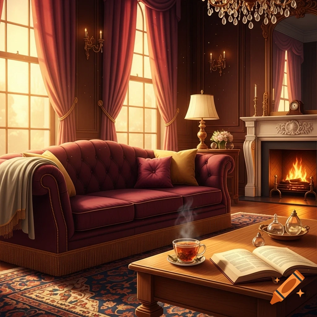 A luxurious, cozy living room with a red tufted sofa, fireplace, and coffee table with tea and an open book, bathed in warm amber light.